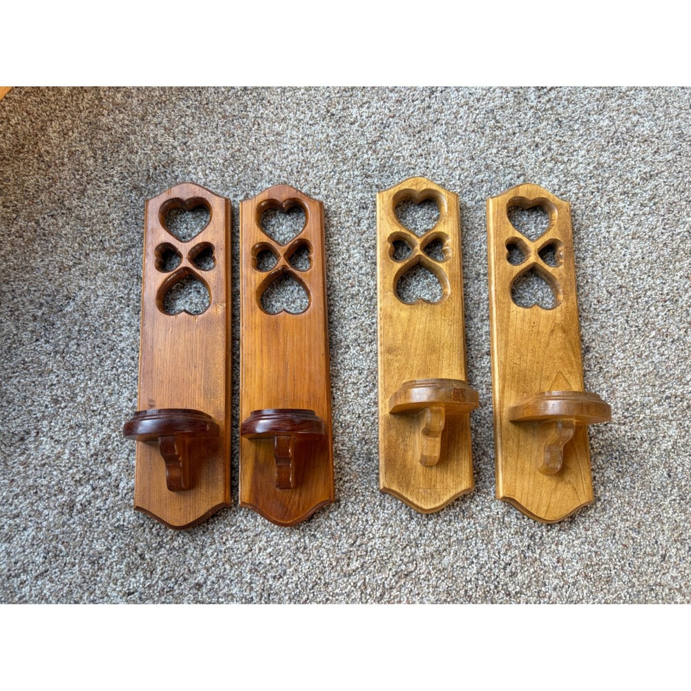 Vintage Wooden Wall Sconce Candle Holder Set of 4 Heart Cutout Country Decor